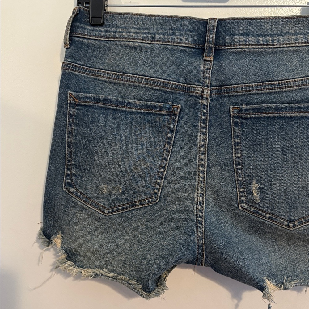 Express Distressed High Rise Boho Cut Off Denim Shorts w/ Rhinestone Details 0 - Picture 8 of 12